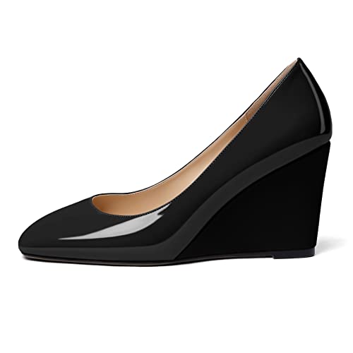 Soireelady Womens Square Toe Wedges High Heel Pumps Slip On Wedge Heels Classic Wedge Pumps Patent Leather Elegant Dressy Daily Shoes2