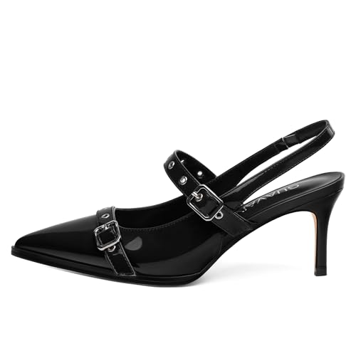 Women‘s Slingback Pumps, Pointed Toe Mid Heel with Elastic Slingback Shoes, Adjustable Buckle Fashion Pump for Party Working Daily2