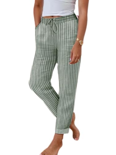 Akivide Women's Stripped Cotton Linen Pants Elastic High Waisted Comfy Loose Summer Beach Pants with Pockets