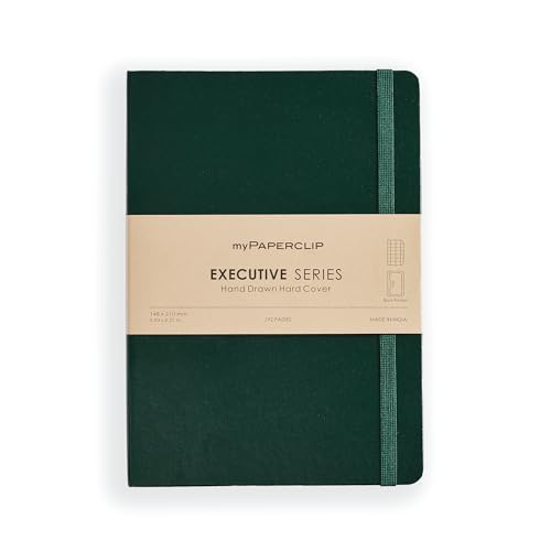 Image of myPAPERCLIP Executive Series A5 Squared Notebook | Hardcover, 80 GSM, 192 Pages | Bookmark, Elastic Band, Back Pocket | Flat Lay Design | Green