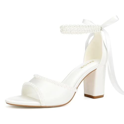 Pearl Heels Wedding Shoes for Bride Block Heel Bridal Shoes Women's Heeled Sandals