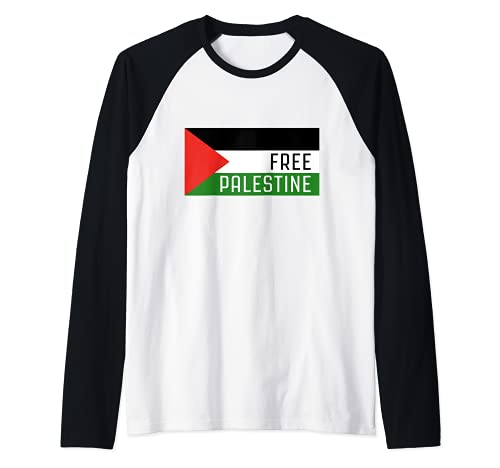 Free Palestine with Flag English Text Raglan Baseball Tee, Black