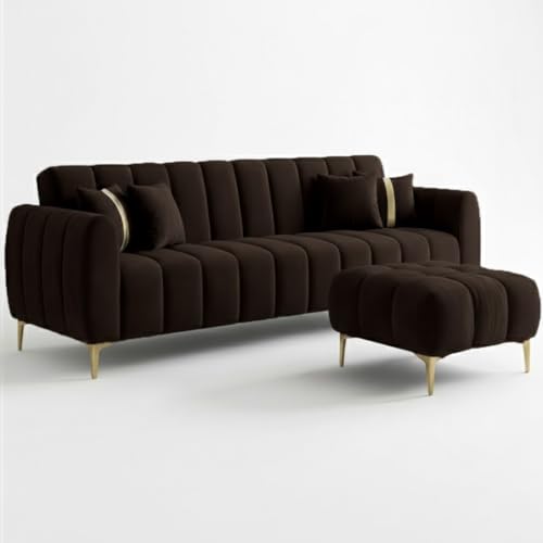 Image of CASASTYLE Hanster 4 Seater L Shape Sofa Set with Movable Ottoman | Flexible Left or Right Layout | Cozy Velvet Fabric | Soft Touch Seating with Golden Legs | Sofa for Living Room (Dark Brown)