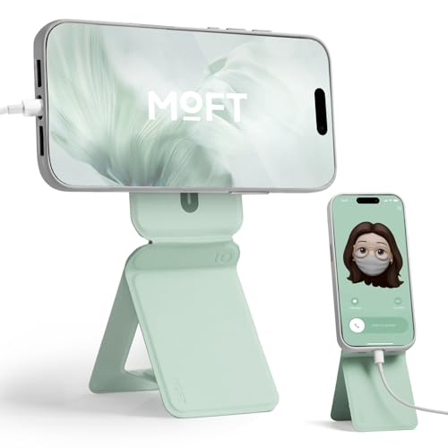 MOFT Phone Stand, Magnetic Phone Tripod Stand Stain-Resistant MOVAS Leather & Angle Adjustment & Strong Magnets Tripod for iPhone 17/16/15/14/13/12 (Included Metal Ring)-Peppermint Peppermin