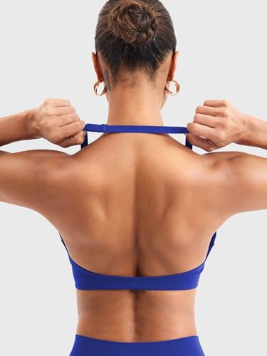 Image of YEOREO Halter Sports Bras for Women Low Impact Removable Padded Adjustable Deep V Bra Seamless Workout Gym Crop Tops