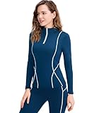 Machbaby Camiseta deportiva para mujer, con cremallera 1/4, transpirable, forro polar, manga larga, para senderismo, entrenamiento, fitness, camiseta funcional, azul mar, M