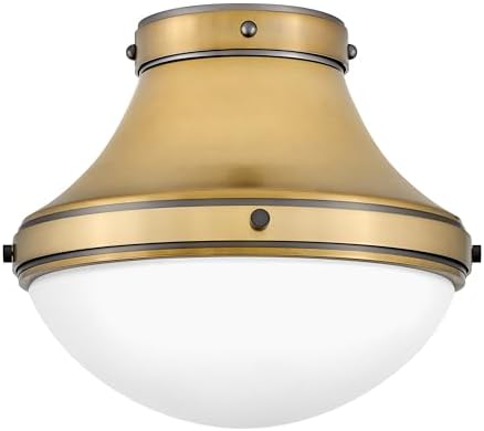 Hinkley Oliver 39051HB Small Flush Mount Ceiling Light, Smooth Tapered Silhouette with a Rounded Etched Opal Glass Shade, in Heritage Brass and Black Oxide Accents