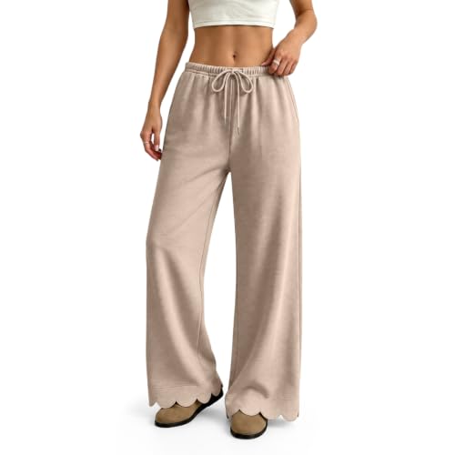 Scalloped Pants for Women Flowy Low Rise Baggy Loose Wide Leg Pants, Brown | Elastic Waisted, Straight Leg, Drawstring, Going Out Bottoms, Athletic, Gym, Work Out, Running, Fall Clothing with Pockets - image 4