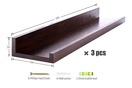 Mbyd Floating Shelves Set Of 3 Same Dimensions, 16 Inch Deep Walnut Picture Ledge, Wood Wall Mount Photo Ledge Shelf, Wall Shelves For Home, Kitchen, Office, Living Room #TOP2