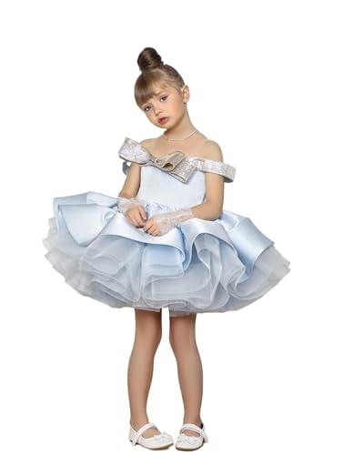 Girls Short Ruffled Pageant Gowns with Gold Bow Off-Shoulder Ball Gown Christmas Party Dresses