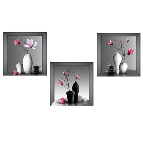 SanKristo 3 piezas 30 * 30 cm Plantas Patrón jarrones flores Adhesivos decorativos Jarrones flores 3D Planta en maceta Decoración de pared autoadhesiva Hojas Cuadro moderno Salón Oficina Hotel Cocina