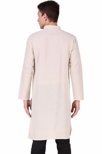 Image of Amazon Brand - Anarva Men's Handloom Cotton Solid Kurta Long Sleeves Straight Knee Length Long Shirt