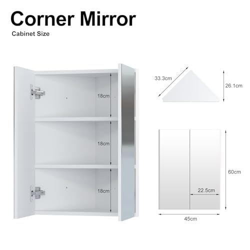 Mepplzian 45x60 Corner Bathroom Cabinets with Mirror,Bathroom Mirror Cabinet with Storage,2-Door Mirrored Bath room Cabinets Wall Mounted,White Corner Wall Cabinet - Image 2