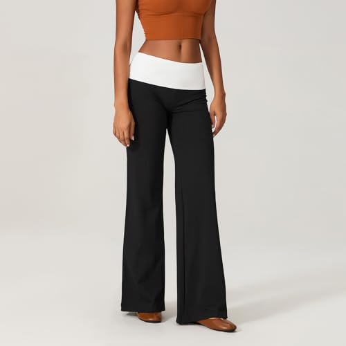 XFLnaraz Women Y2k Fold Over Long Pants Straight Leg Casual Folded Waist Solid Color Slim Fit Joggers Trousers Streetwear3