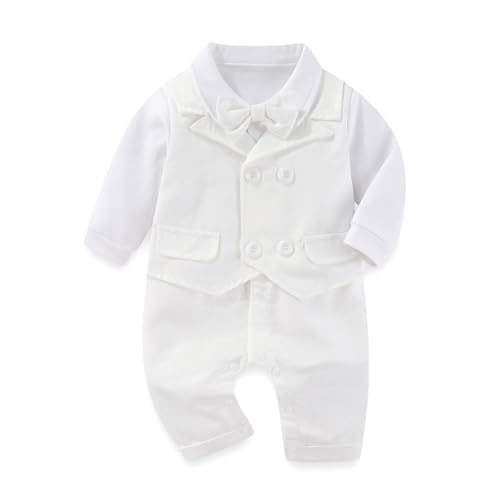 Hresadio Baby Boys Baptism Romper Long Sleeve Christening outfit One-Piece Coverall Bowtie Formal Outfits Clothing White 0-3 Months