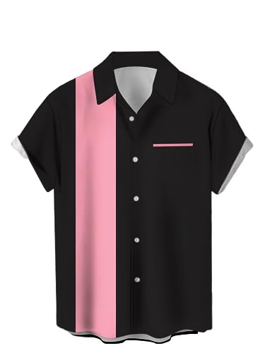 Hawaiian Shirts for Men Bowling Short Sleeve Print Regular Fit Summer Beach Casual Button Down Aloha Shirts, Bowling Colorblock Pink, X-Large