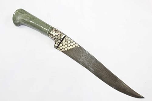 Rajasthan Gems Dagger Knife Damascus Steel Blade Green Jade Stone Handle Silver Koftgiri D134