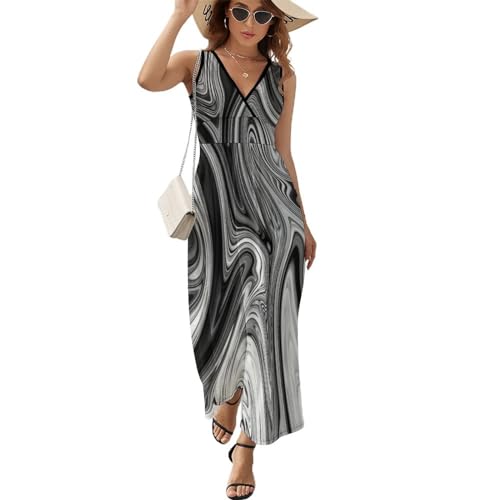 Robe longue d'été sans manches col V motif marbre noir pour femmes