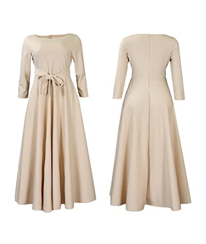 Image of SEMATOMALA Women's A Line Self Tie Waist Maxi Dress Round Neck Long Sleeve High Waist Plus Size Swing Flare Long Dresses