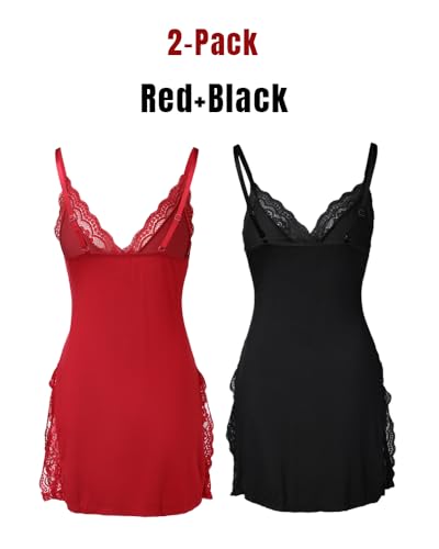 CHICME Women 2-Pack Babydoll Lingerie Lace Trim Side Slit Modal Cami Sleep Dress Loungewear Cute Night Gowns for Women Red+Black-M