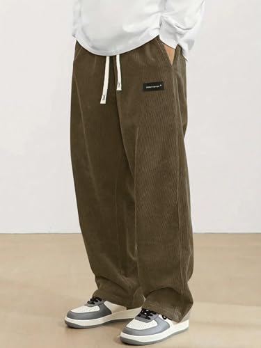 Image of Hidkat Mens Corduroy Casual Pants Fashion Loose Fit Wide Leg Pants Straight Sweatpants Elastic Waist Drawstring
