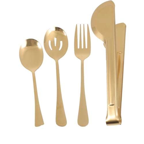 FRCOLOR Juego de 4 Pinzas para Alimentos y Cubiertos Dorados de Acero Inoxidable, Incluye Cucharas y Tenedores para Servir, Apto para Buffet, Barbacoa y Uso Hogar