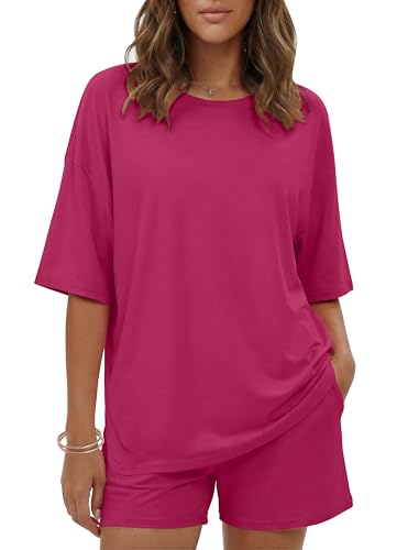Image of Ekouaer Women's Two Piece Lounge Set Oversized Boxy T-shirt Casual Short Sets Summer Travel Matching Set 2026 Fashion