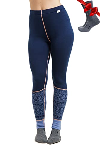 Photo de Merino.tech Laine Merinos Pantalon Femme - Leggings Thermique Femme 100% Merino Wool Lourd, Moyen, Léger avec Chaussettes (Medium, 250 Nordic Tale Berry)