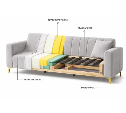 Image of Casaliving Velour Modern Velvet Sofa, Tufted Design Upholstered 3 Seater Sofa Set for Living Room, (Orange Colour) Premium Velvet Fabric Sofa