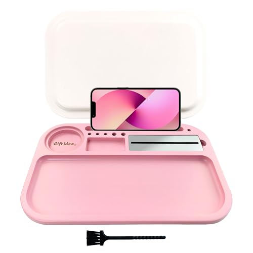 Pink Rolling Tray with Lid, Large Wooden Tray with Phone Holder, Cigarette Rolling Tray Set with Cleaning Brush and Spill Proof Cover - Accessories for Rolling Papers, Grinders