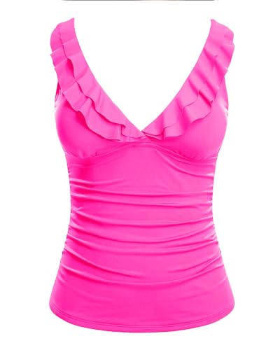 Image of Ruffle V Neck Tankini Top Only Women Tummy Control Swimsuit Tank Top | Removable cups for custom bust lift, Blend soft spandex to stretch easily