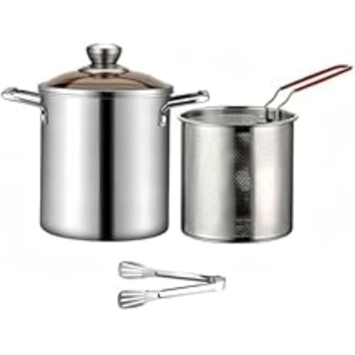 KQQKパスタ鍋ディープタイプパスタ鍋シチュー304ステンレス構造ガラス鍋蓋付きシルバーパスタ鍋全熱源対応厚手スープ鍋家庭用フライバスケット付き串焼き鍋やIHクッキングヒーターに適した麻辣スープ専用鍋 (3升双耳炸?+?柄炸?+?子+玻璃盖)