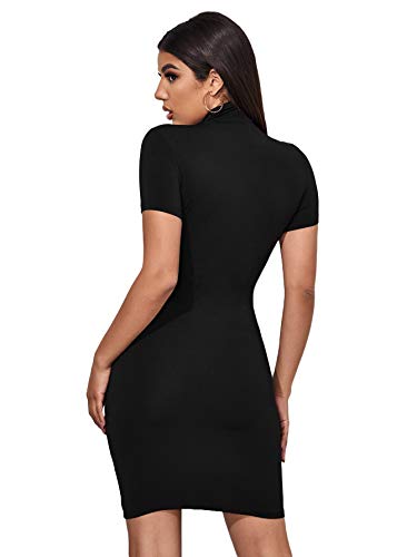 Shein Women's Short Sleeve Collar Bodycon Pencil Zipper Solid Short Mini Dress Black Medium #TOP28