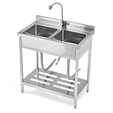 Garvee 2 Compartment Stainless Steel Commercial Sink, Double Bowl Utility Sink with 360° Swivel Faucet, Storage Shelf & Adjustable Feet, Freestanding Prep Sink for Restaurant, Garage, Workshop, Outdoo