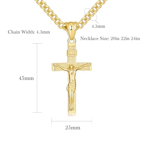 Gold Cross Necklace for Men 14K Gold Cross Necklace for Men Crosses Chain Necklaces for Mens Paired with 4.3mm Cuban Chain Crucifix Pendant Mens Crosses Necklaces 20/22/24in2