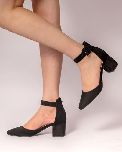 Women's Pointed Toe Chunky Block Low Heels Comfortable Closed Toe Block Heels 2.4 Inch Ankle Strap Dress Wedding Party Pumps Shoes2