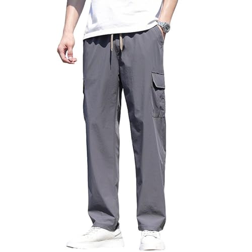 Men's Cargo Pants Summer Thin Loose Straight Elastic Waist Drawstring Quick Dry Casual Trousers with Pockets