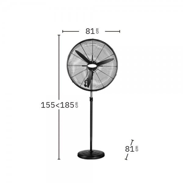 Bilake Ventilador de Pie Industrial Tormenta Metal | Altura Regulable 155-185cm | Motor AC 3 Velocidades | Oscilante y Fijo | Cabezal Orientable | Talleres y Naves (280W | 81Ø cm)