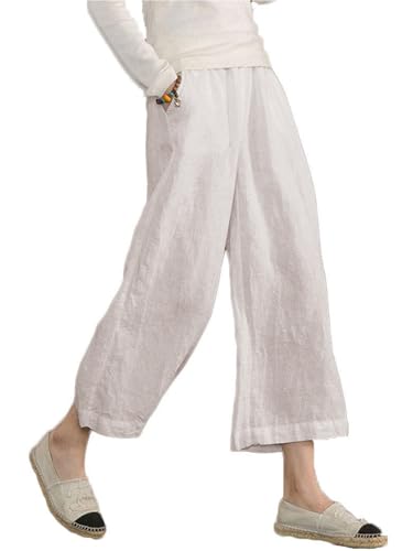 Image of ECUPPER Womens Cotton Cropped Pants Loose Fit Wide Leg Trousers | Casual, Plus Size, Elastic Waist, Capri, 100% Cotton, Slant Pockets, High Rise Waist, Lounge Pants