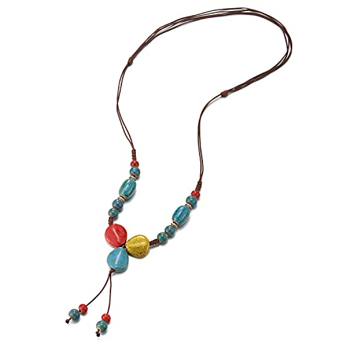 Marrón Statement Collar Oxidado Rojo Azul Amarillo Cerámico Perla Cadena de Y-Forma Colgantes Colgante, Nupciales