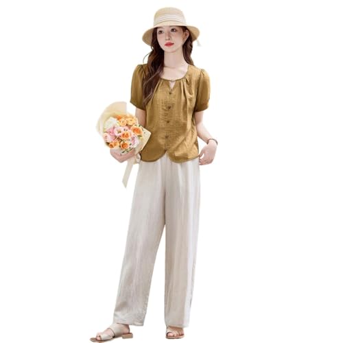 Conjunto de dos piezas para mujer blusa de manga corta algodón y pantalones palazzo beige