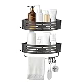 ANMEISH 2 Pcs Suction Cup Shower Caddy, Aluminium Corner Bathroom Shelf, No-Drilling Tidy Shower Organizer with Towel Bar and Hooks, Removable Wall Mounted for Shampoo Razors(Grey)