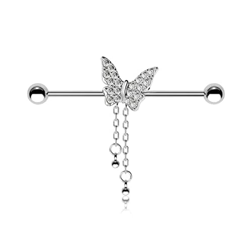 OUFER Butterfly Industrial Piercing Jewelry, 14G Surgical Steel Barbells, Chain Earrings, Bar for Women Silver