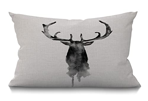 Image of BGBDEIA Cushion Cover Deer Silhouette Animal Stag Watercolor Style Modern Design Abstract Art Rectangular Throw Pillow Cover for Couch Sofa Home Decor Cotton Linen 30 x 50 cm 12x20 Inch