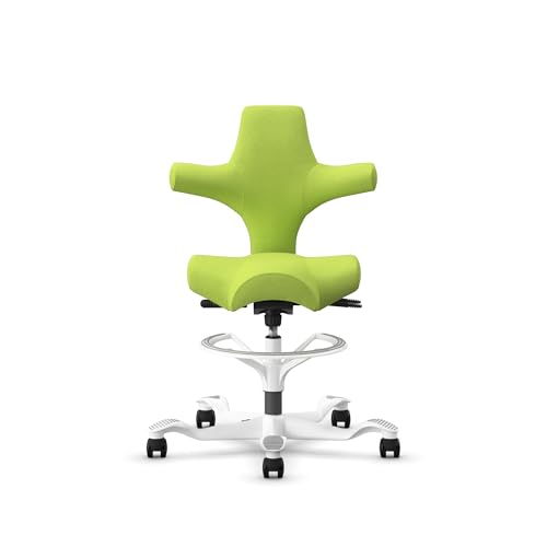 Image of HAG Capisco Sit to Stand Chair-White Frame-Upholstered Bright Green-with Foot Ring