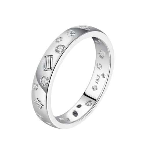 Moissanite Wedding Band Ring, 925 Sterling Silver, 14k White Gold Plated, Flush Setting, Unisex Band (14k White Gold Plated, 4)