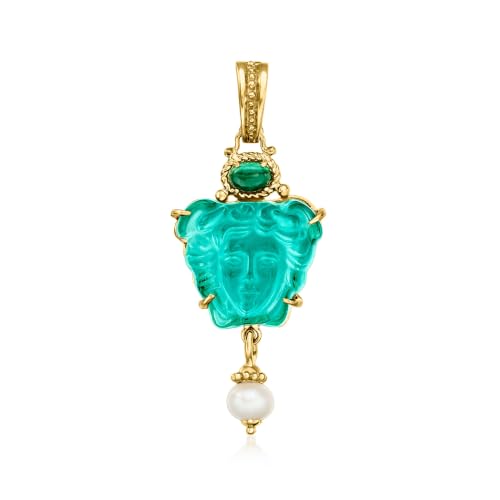 Ross-Simons Italian Tagliamonte Green Venetian Glass, Malachite and 7.5-8mm Cultured Pearl Medusa Pendant in 18kt Gold Over Sterling