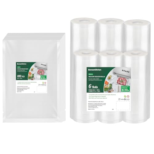 Bonsenkitchen-US Bonsenkitchen Vacuum Sealer Rolls Bags, 6 Pack 3 Rolls 11" x 20' + 3 Rolls 8" x 20'+100 Quart 8" x 12"