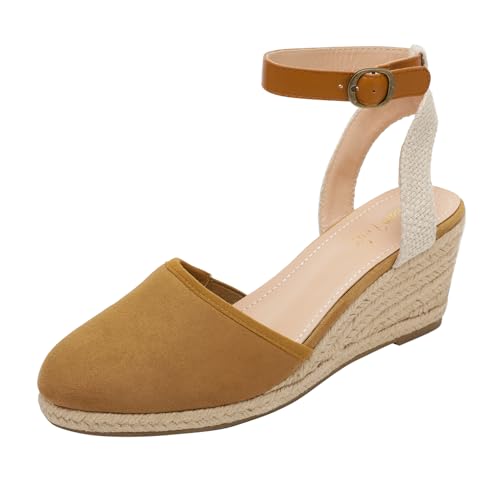 DREAM PAIRS Women's Ankle Strap Closed Toe Espadrille Wedge Heels Sandals 5.5 Camel