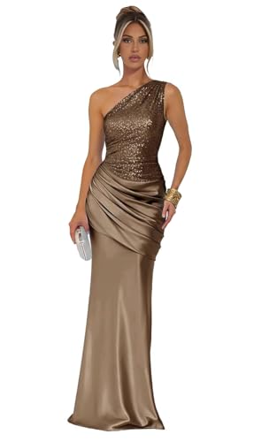 Brown One Shoulder Prom Dresses for Women 2026 Long Sequin Pleated Satin Mermaid Formal Evening Gown...